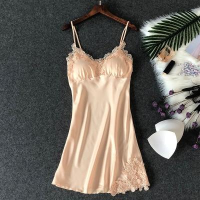 Sexy Mini Satin Night Dress With Lace Trim - MomyMall BEIGE / S