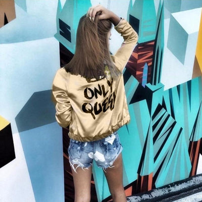 Metallic Bomber Jacket with Text