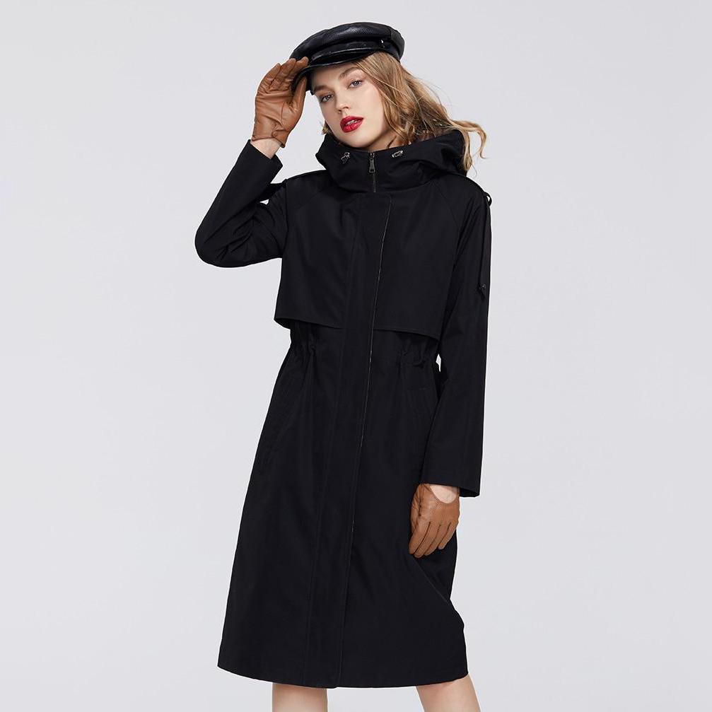 Hooded Trench Coat With Drawstring Waist - MomyMall BLACK / S