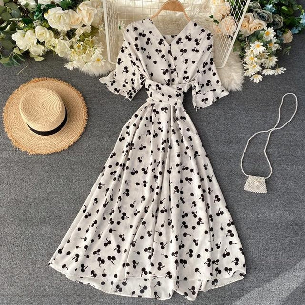 Heart Print Midi Dress - Wrap Waist Dress With Short Sleeves
