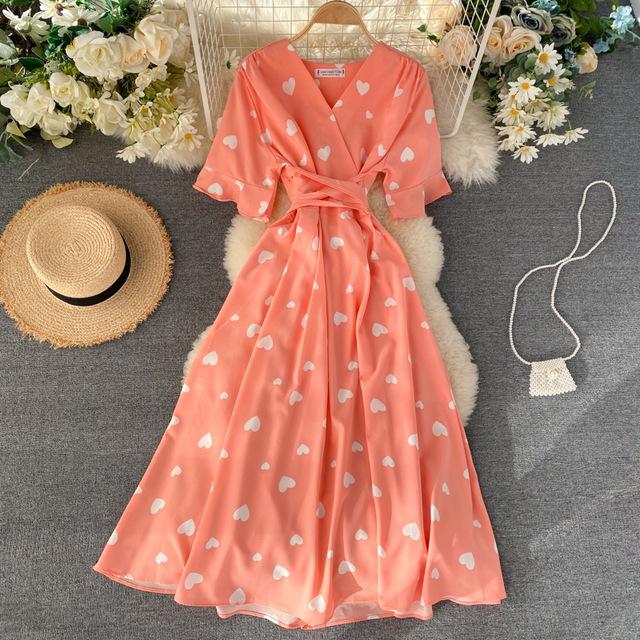 Heart Print Midi Dress - Wrap Waist Dress With Short Sleeves