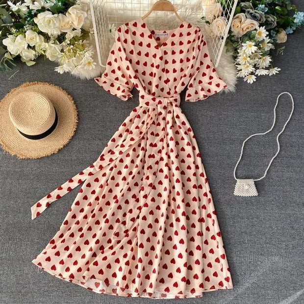 Heart Print Midi Dress - Wrap Waist Dress With Short Sleeves