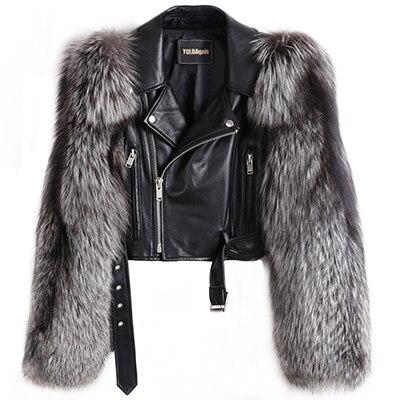 Genuine Biker Leather Jacket With Faux Fur Sleeves