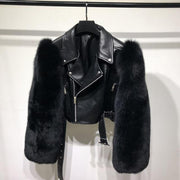 Genuine Biker Leather Jacket With Faux Fur Sleeves