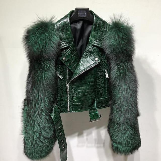 Croc Effect Leather Jacket With Faux Fur Sleeves