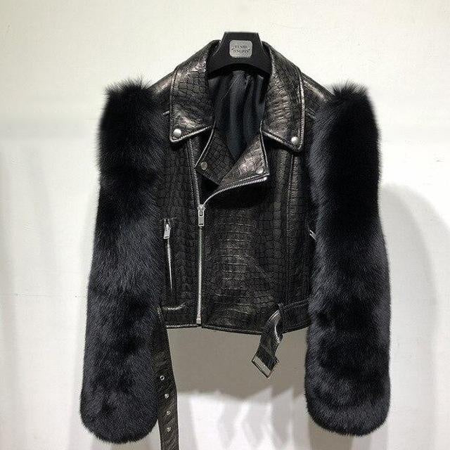 Croc Effect Leather Jacket With Faux Fur Sleeves