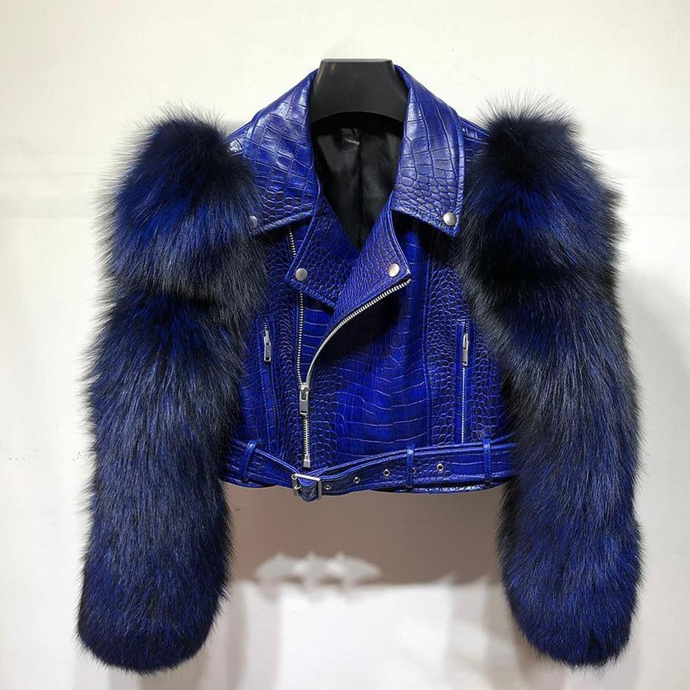 Croc Effect Leather Jacket With Faux Fur Sleeves