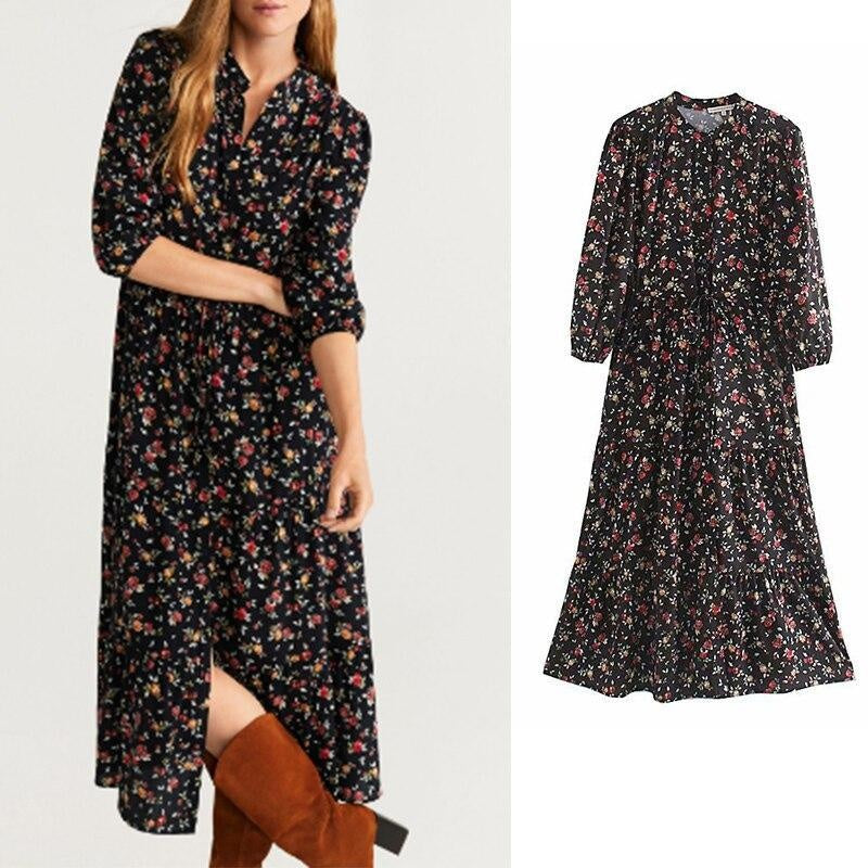 Flower Print Midi Dress - Three-quarter Sleeve Summer Dress