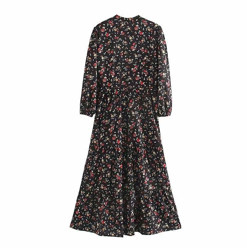 Flower Print Midi Dress - Three-quarter Sleeve Summer Dress