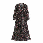 Flower Print Midi Dress - Three-quarter Sleeve Summer Dress