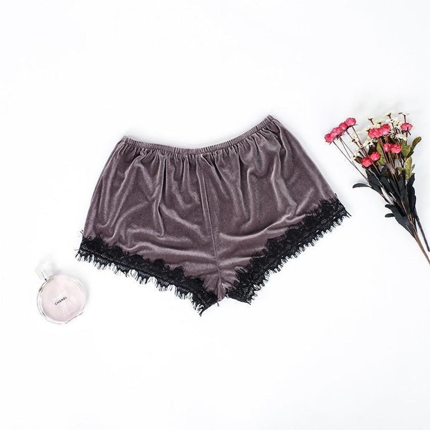 Velvet Shorts Pyjama Set With Lace Trim - MomyMall