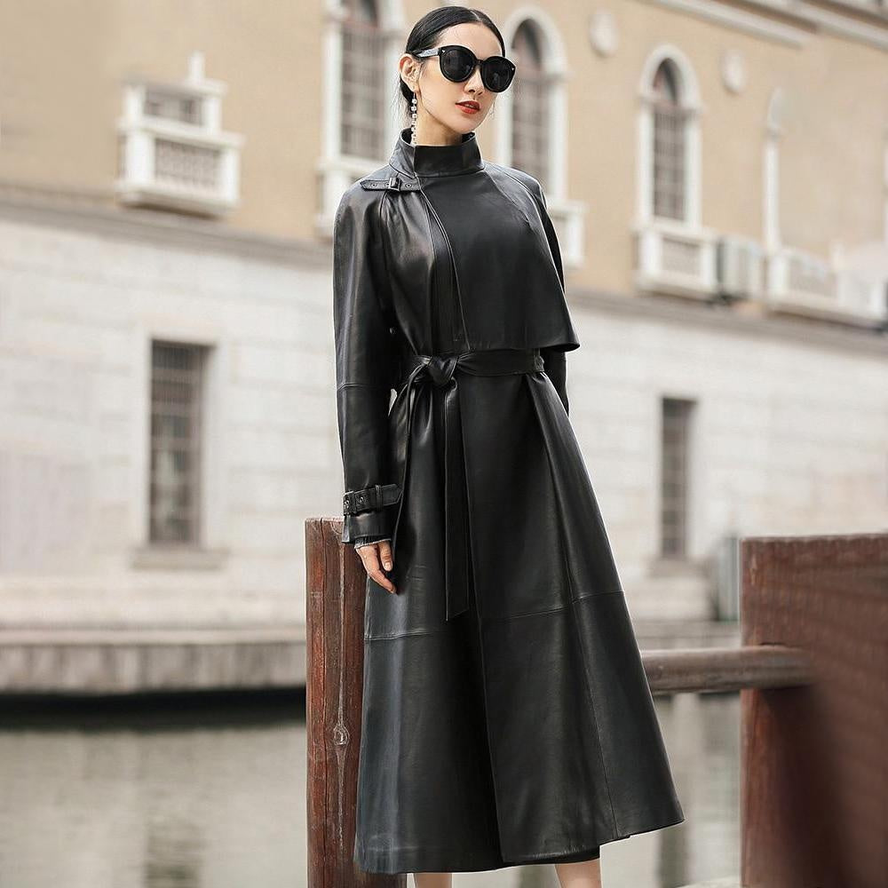 Belted Long Faux Leather Trench Coat With High Collar