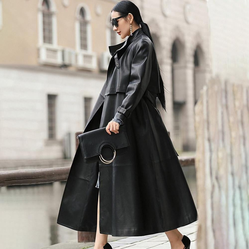 Belted Long Faux Leather Trench Coat With High Collar