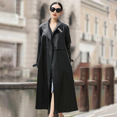 Belted Long Faux Leather Trench Coat With High Collar