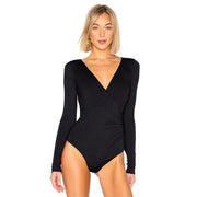 Thong Surplice Ruched Deep-V Neck Long Sleeve Sexy Jumpsuits - MomyMall black / S