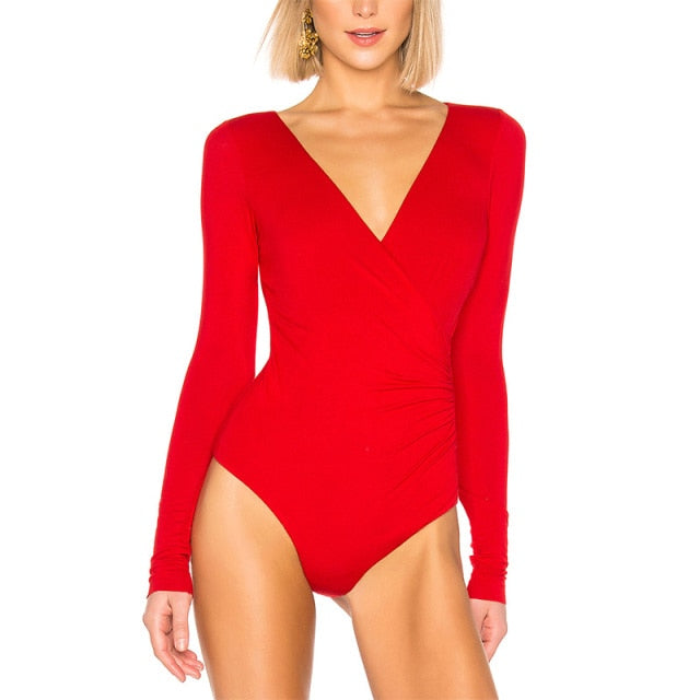 Thong Surplice Ruched Deep-V Neck Long Sleeve Sexy Jumpsuits - MomyMall red / S