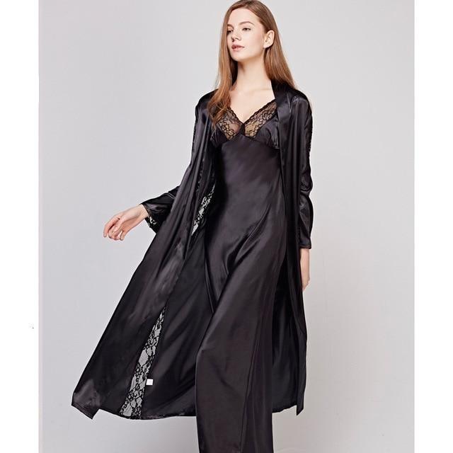 Satin Lace Trim Night Dress Set - Maxi Nightgown and Satin Robe - MomyMall BLACK / M