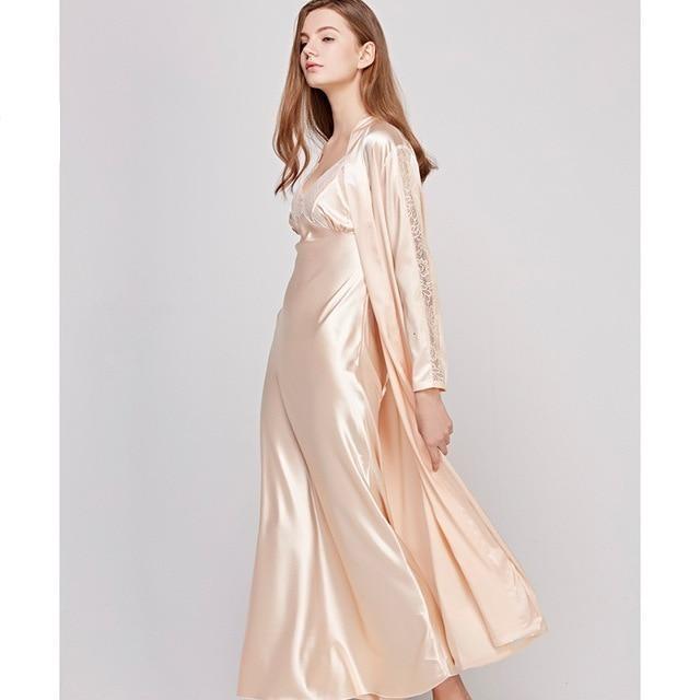 Satin Lace Trim Night Dress Set - Maxi Nightgown and Satin Robe - MomyMall BEIGE / M