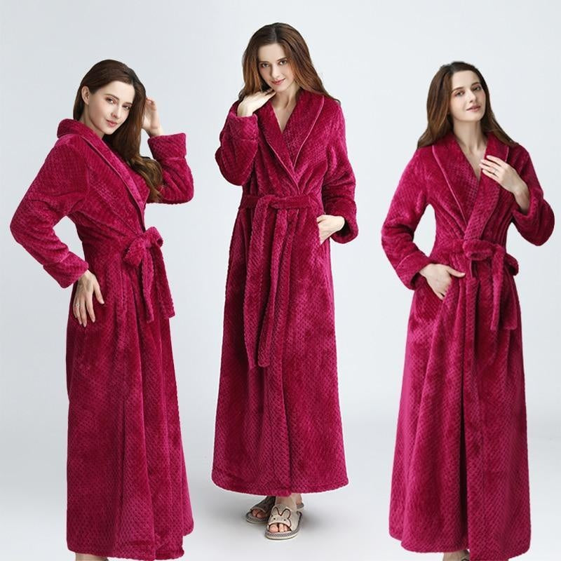 Long Textured Fleece Bathrobe with Belt - MomyMall