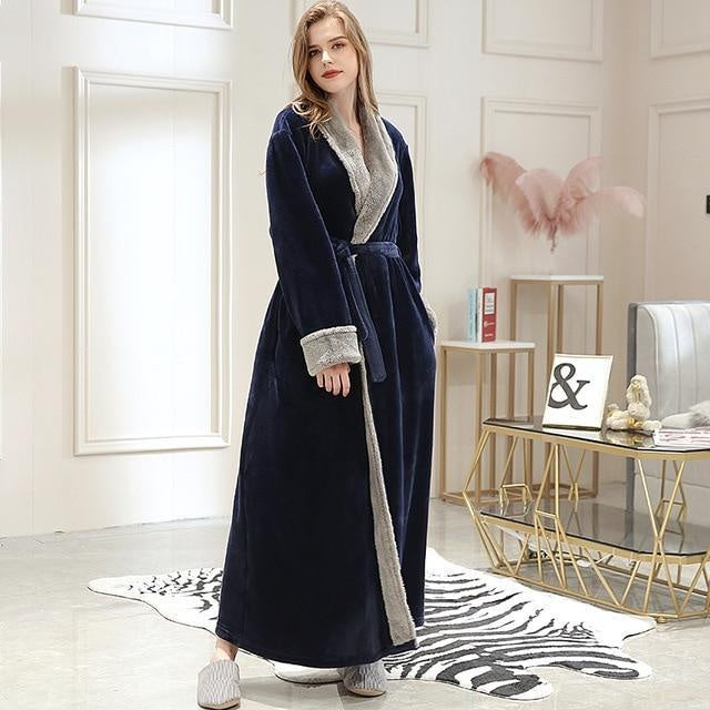 Long Textured Fleece Bathrobe with Belt - MomyMall DARK BLUE / M