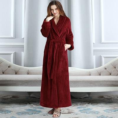 Long Textured Fleece Bathrobe with Belt - MomyMall RED / M