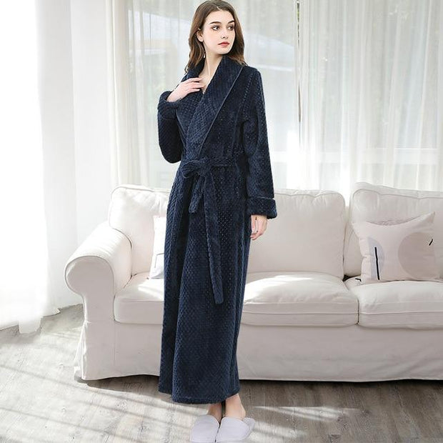 Long Textured Fleece Bathrobe with Belt - MomyMall BLUE / M