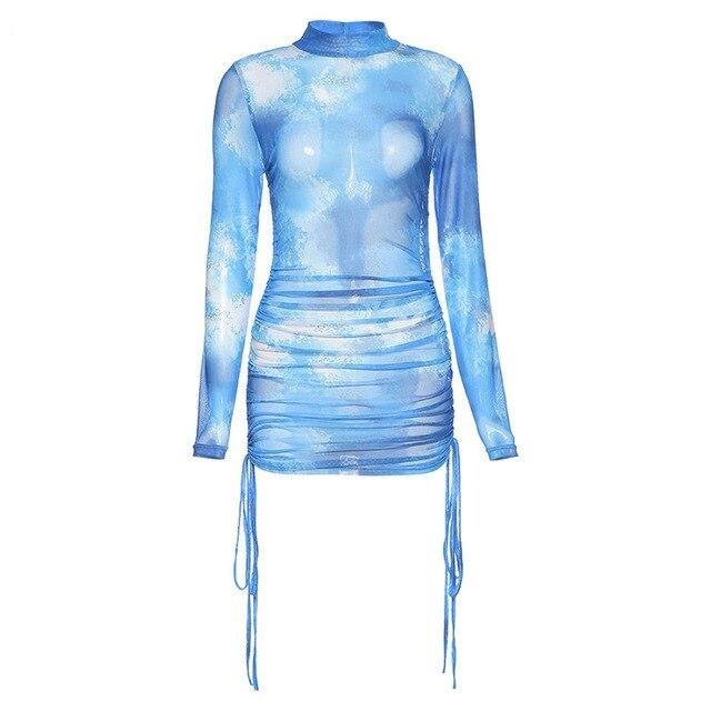 Mesh Tie Dye Dress - Drawstring Mini Dress With Long Sleeves