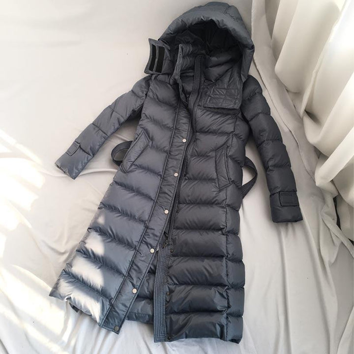 Long Puffer Coat - Hooded Waterproof Winter Coat With Belt