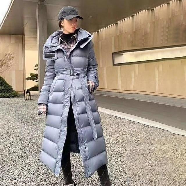 Long Puffer Coat - Hooded Waterproof Winter Coat With Belt