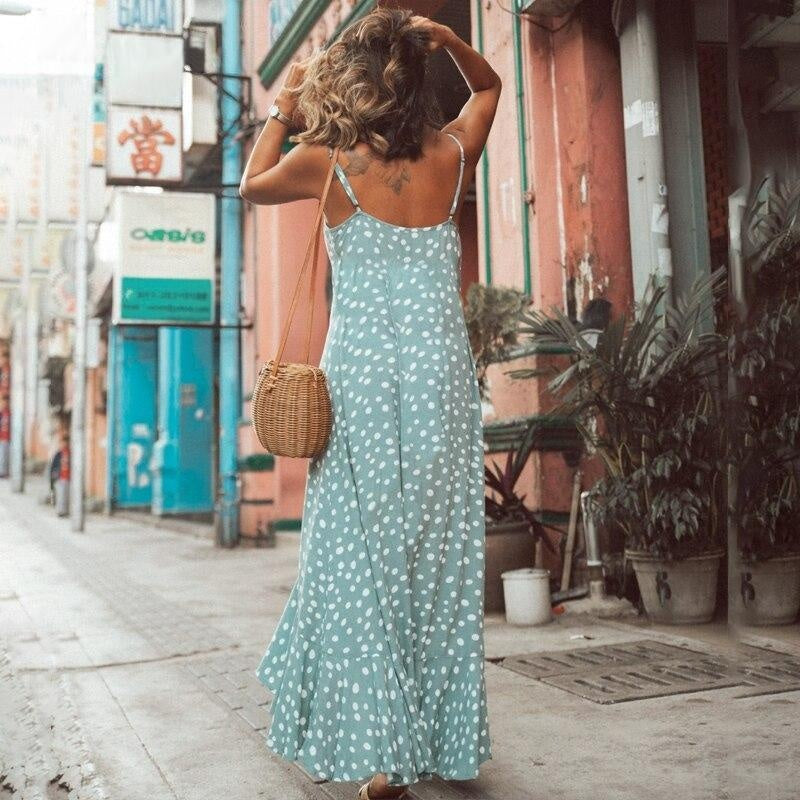 Polka Dot Button Through Maxi Dress With Ruffle Hem - MomyMall