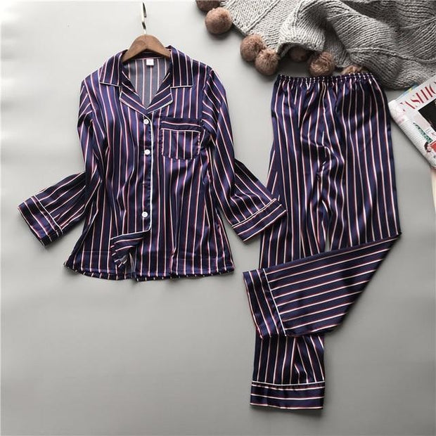 Striped Pyjamas - Satin Pyjamas - MomyMall BLACK / PINK / M
