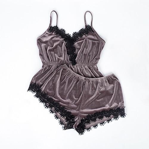 Velvet Shorts Pyjama Set With Lace Trim - MomyMall BROWN / S