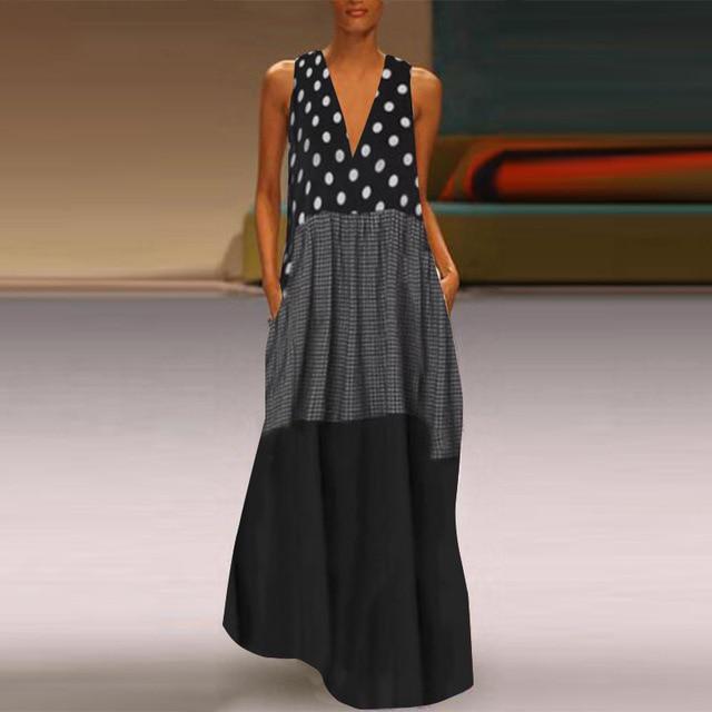 Polka Dot Maxi Smock Sleeveless Dress - MomyMall BLACK / M