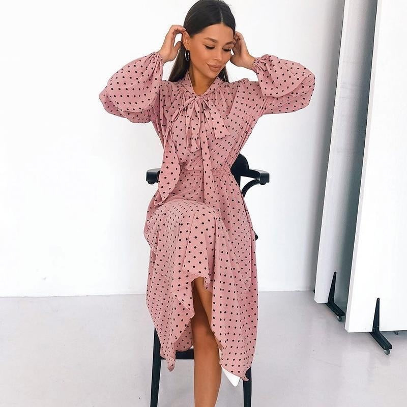 Polka Dot Midi Dress - Skater Dress With Long Sleeves - MomyMall