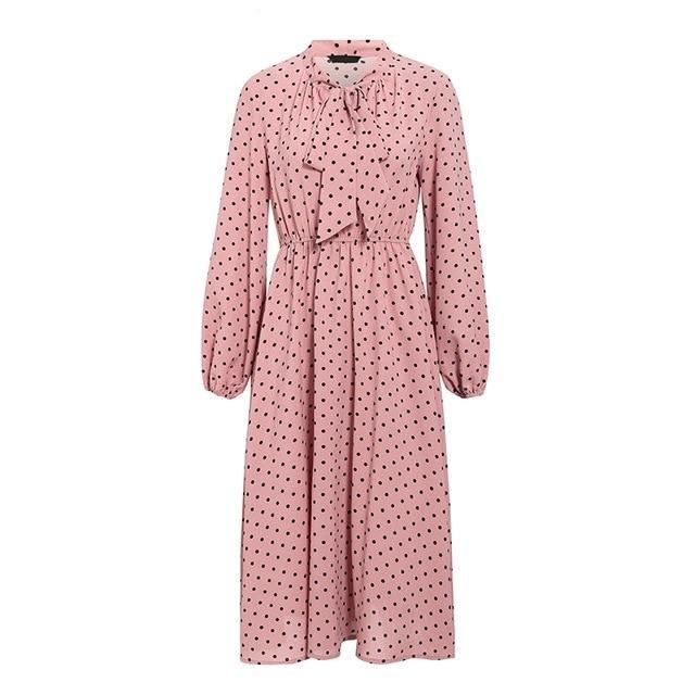 Polka Dot Midi Dress - Skater Dress With Long Sleeves - MomyMall PINK / S