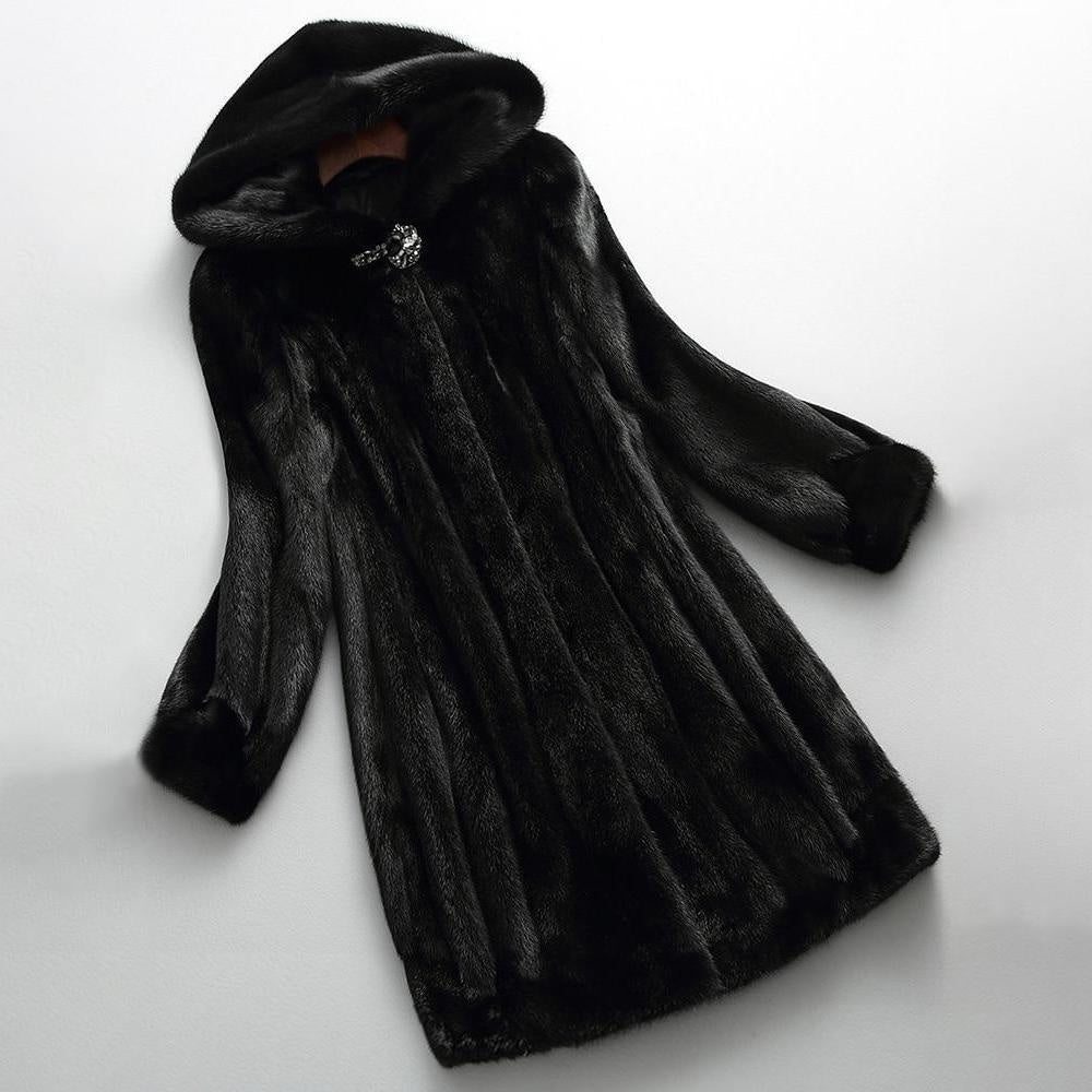 Faux Fur Hooded Coat With Sequin Clasp