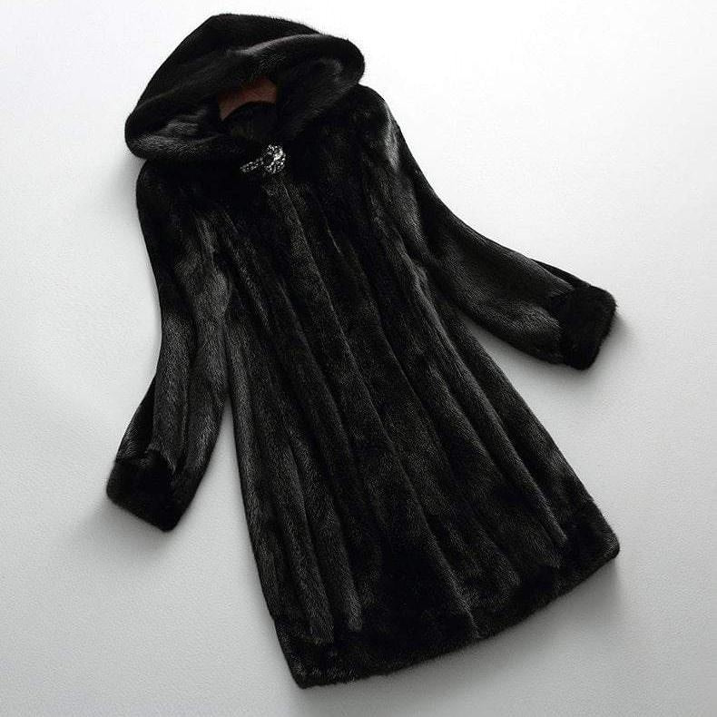 Faux Fur Hooded Coat With Sequin Clasp