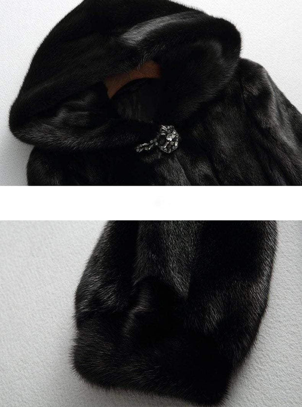 Faux Fur Hooded Coat With Sequin Clasp