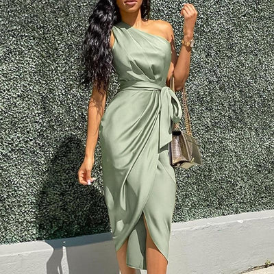 One Shoulder Dress - Party Wrap Dress - Self-tie Belt - MomyMall GREEN / S