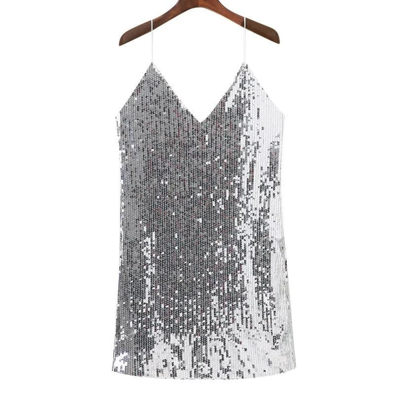 Cami Mini Dress - Sequin Slip Backless Mini Dress - MomyMall