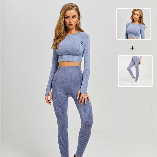 Leggings Sale Gym 2 Piece Set - Long Sleeve Crop Top