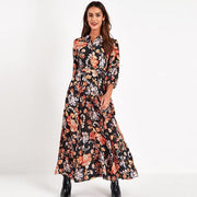 Floral Print Shirt Maxi Dress - Self Tie - MomyMall BLACK/ORANGE / S