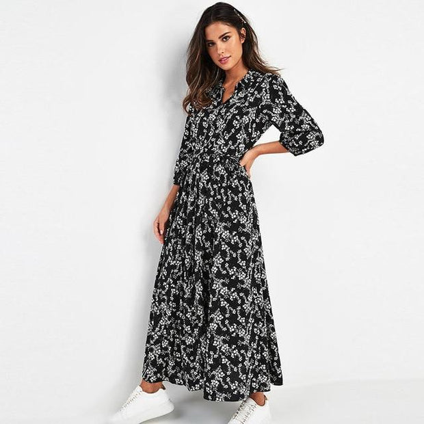 Floral Print Shirt Maxi Dress - Self Tie - MomyMall BLACK/WHITE / S