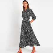 Floral Print Shirt Maxi Dress - Self Tie - MomyMall BLACK / S