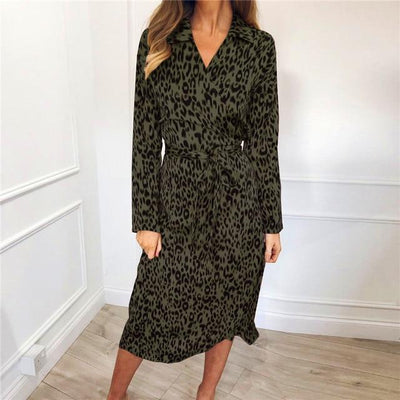 Leopard Print Midi Wrap Dress - MomyMall GREEN / S