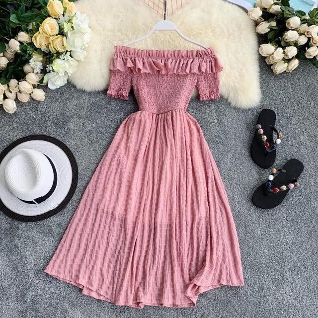 Pleated Off Shoulder Mini Dress - Ruffles - MomyMall PINK / ONE SIZE