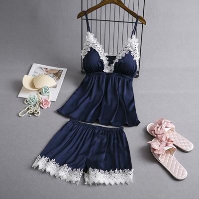 Satin Lace Trim Cami Pyjama Set - MomyMall BLUE / M