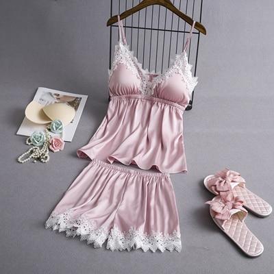 Satin Lace Trim Cami Pyjama Set - MomyMall PINK / M