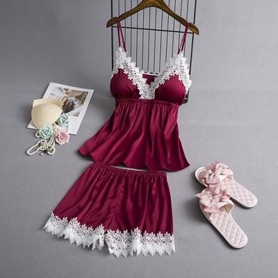 Satin Lace Trim Cami Pyjama Set - MomyMall RED / M
