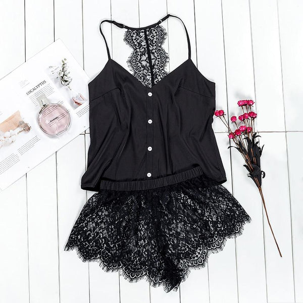 Sexy Lace Pyjama Shorts Set - MomyMall BLACK / S